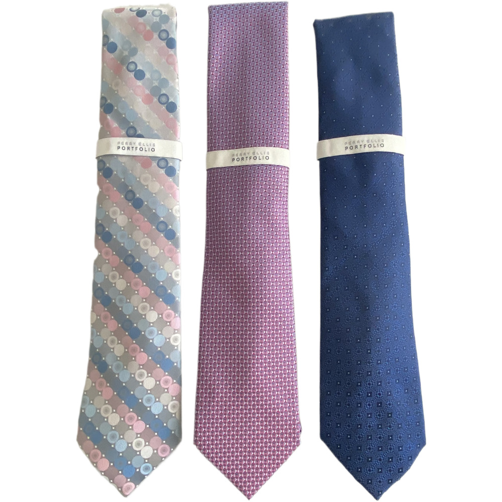 Perry Ellis Portfolio Necktie Lot of 3 Classic Width/Length Blue, Red, Gray NEW